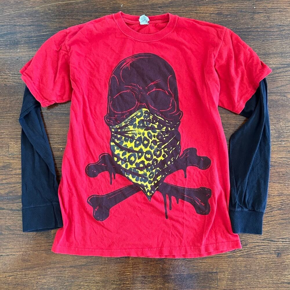 Vintage LUCTUS BANDANA SKULL Long Sleeve T-Shirt Gangster Medium Red Black Tee